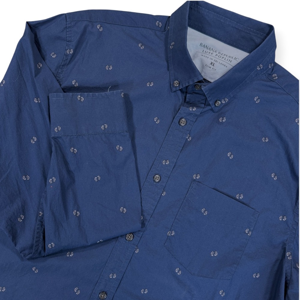 Banana Republic Luxe Poplin Boxing Glove Print Slim Fit Shirt Mens XL Blue